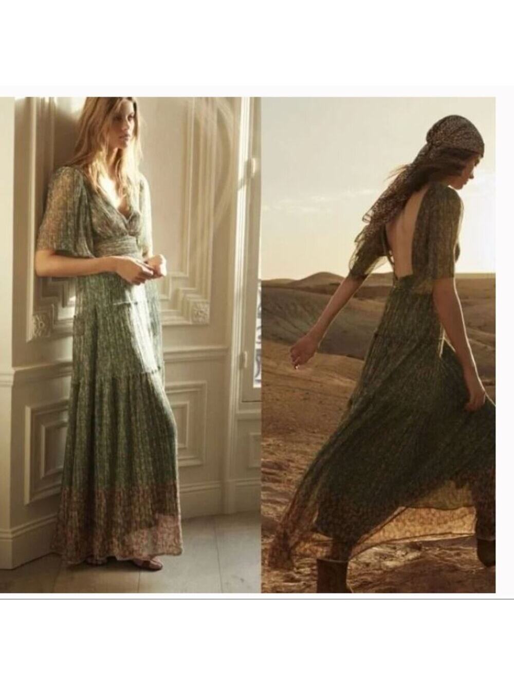 Ba&Sh Long Perla Open Back Metallic Plisse-tulle Maxi Dress Sz M
